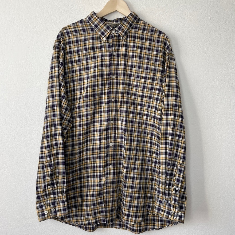 L.L. Bean Plaid Yellow Navy Blue Cotton Wrinkle Resistant Button Up Shirt XL